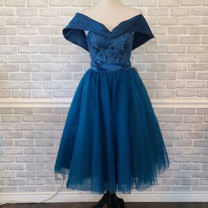 Mingda's Satin Lace Tulle Off Shoulder Corset Dress NEW Retro Vtg Style M/L